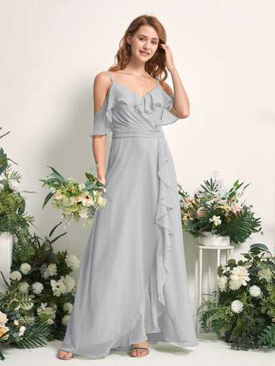 Carlyna A-Linien-Kleid Carmen-Ausschnitt Bodenlang Chiffon Brautjungfernkleider Silber #farbe_silber