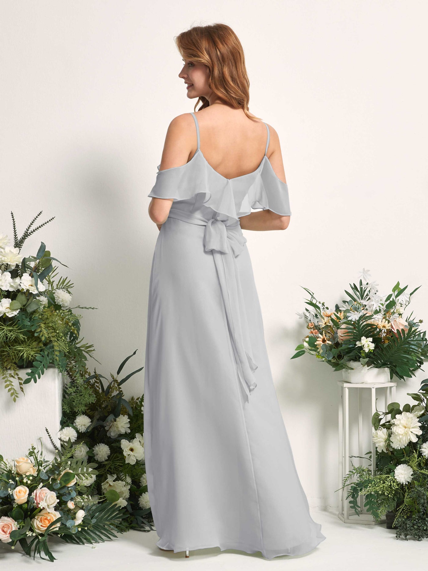Carlyna A-Linien-Kleid Carmen-Ausschnitt Bodenlang Chiffon Brautjungfernkleider Silber #farbe_silber
