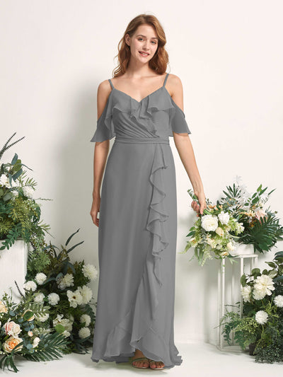 Carlyna A-Linien-Kleid Carmen-Ausschnitt Bodenlang Chiffon Brautjungfernkleider Stahlgrau #farbe_stahlgrau