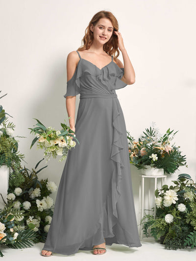 Carlyna A-Linien-Kleid Carmen-Ausschnitt Bodenlang Chiffon Brautjungfernkleider Stahlgrau #farbe_stahlgrau