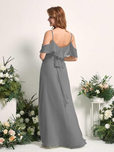 Carlyna A-Linien-Kleid Carmen-Ausschnitt Bodenlang Chiffon Brautjungfernkleider Stahlgrau #farbe_stahlgrau