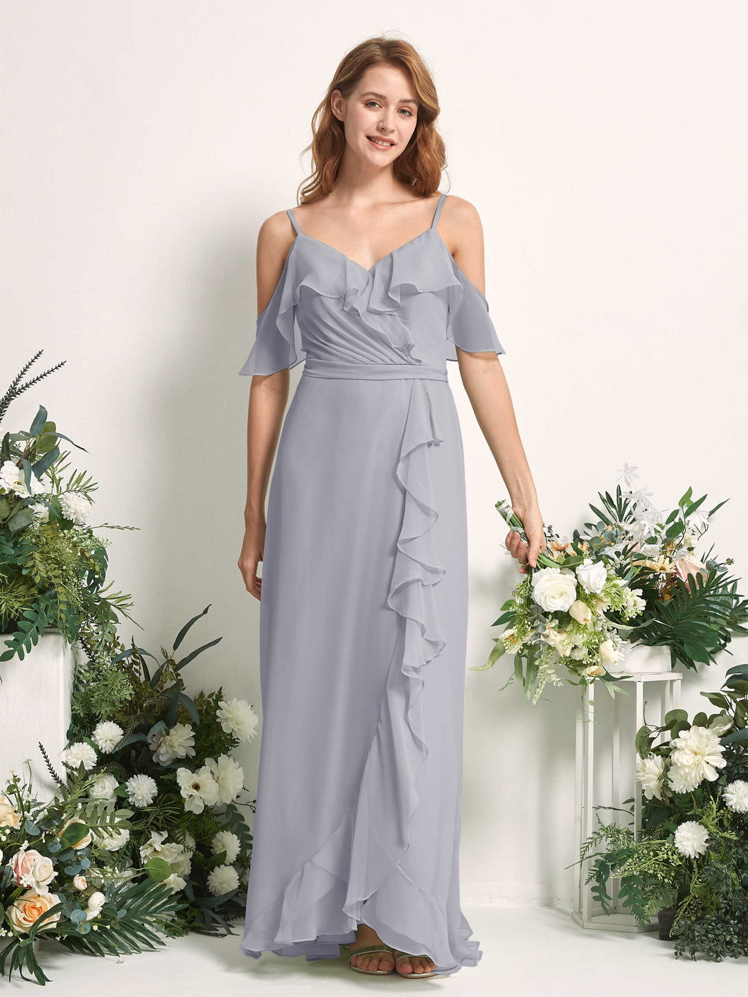 Carlyna A-Linien-Kleid Carmen-Ausschnitt Bodenlang Chiffon Brautjungfernkleider Staubiger Lavendel 