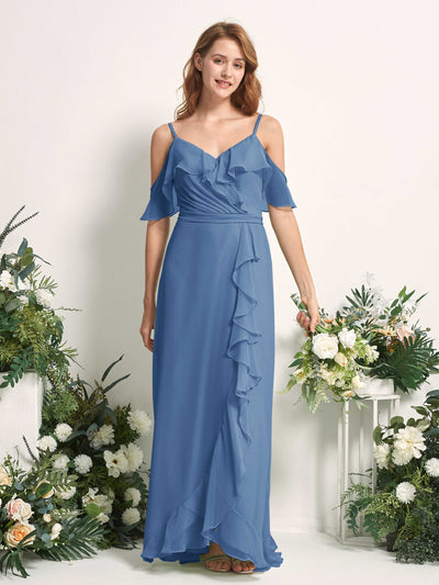 Carlyna A-Linien-Kleid Carmen-Ausschnitt Bodenlang Chiffon Brautjungfernkleider Staubiges Blau #farbe_staubiges-blau