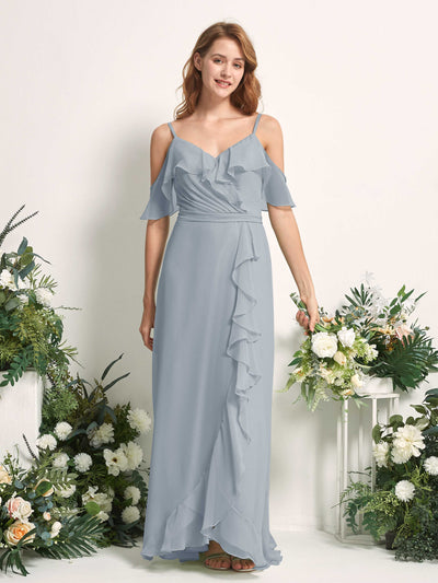 Carlyna A-Linien-Kleid Carmen-Ausschnitt Bodenlang Chiffon Brautjungfernkleider Staubiges Blau-Upgrade #farbe_staubiges-blau-upgrade