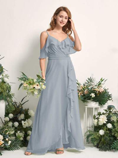 Carlyna A-Linien-Kleid Carmen-Ausschnitt Bodenlang Chiffon Brautjungfernkleider Staubiges Blau-Upgrade #farbe_staubiges-blau-upgrade