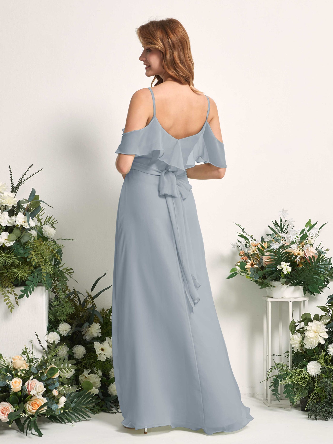 Carlyna A-Linien-Kleid Carmen-Ausschnitt Bodenlang Chiffon Brautjungfernkleider Staubiges Blau-Upgrade #farbe_staubiges-blau-upgrade