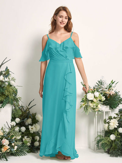 Carlyna A-Linien-Kleid Carmen-Ausschnitt Bodenlang Chiffon Brautjungfernkleider Türkis #farbe_t-rkis