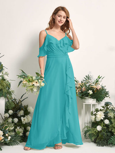 Carlyna A-Linien-Kleid Carmen-Ausschnitt Bodenlang Chiffon Brautjungfernkleider Türkis #farbe_t-rkis