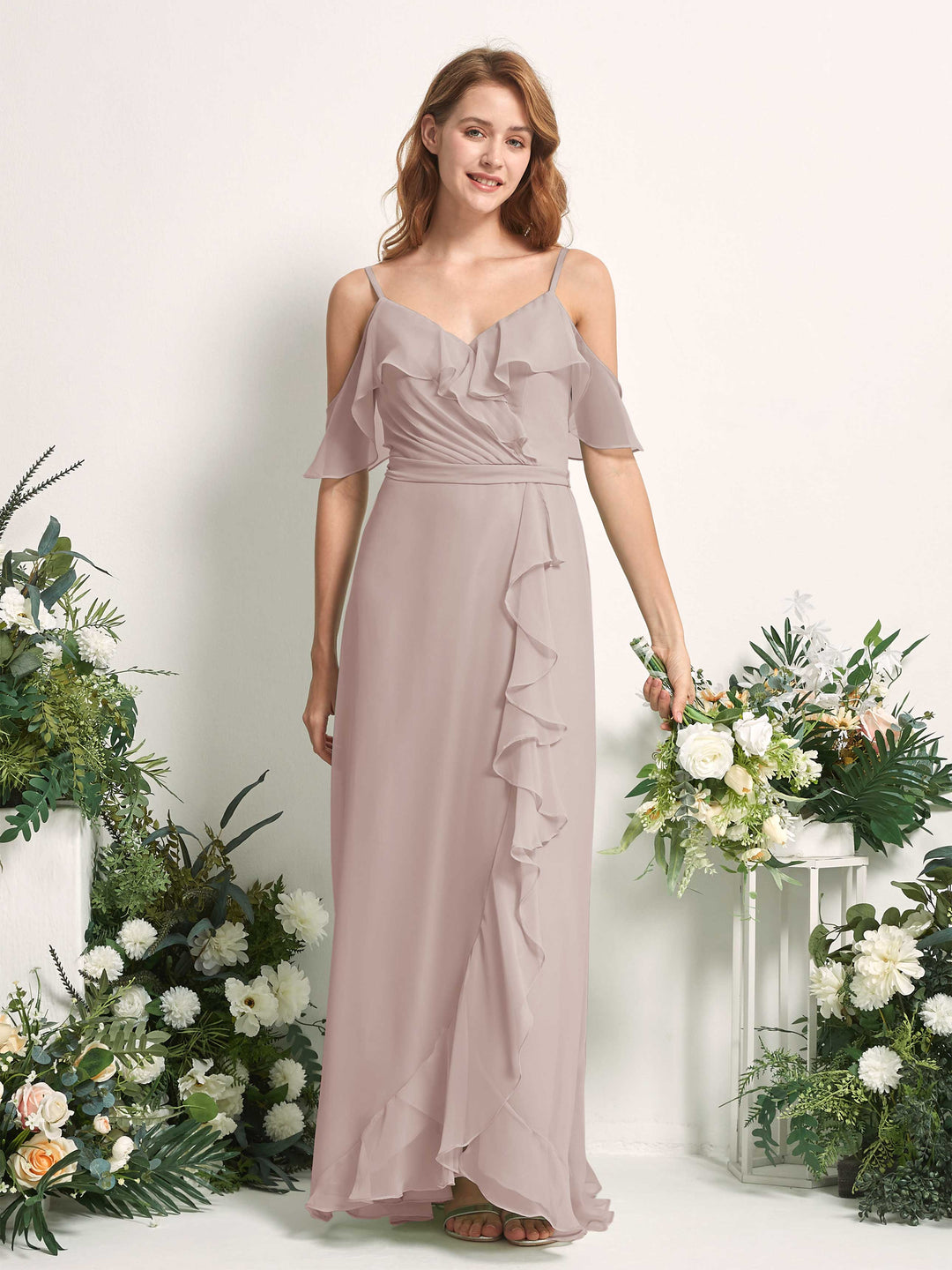 Carlyna A-Linien-Kleid Carmen-Ausschnitt Bodenlang Chiffon Brautjungfernkleider Taupe 