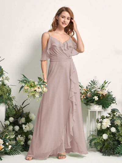 Carlyna A-Linien-Kleid Carmen-Ausschnitt Bodenlang Chiffon Brautjungfernkleider Taupe #farbe_taupe
