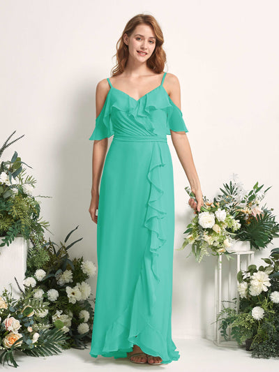 Carlyna A-Linien-Kleid Carmen-Ausschnitt Bodenlang Chiffon Brautjungfernkleider Tiffany-Blau #farbe_tiffany-blau