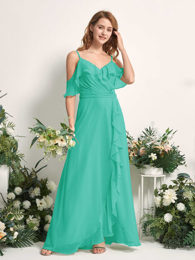 Carlyna A-Linien-Kleid Carmen-Ausschnitt Bodenlang Chiffon Brautjungfernkleider Tiffany-Blau #farbe_tiffany-blau