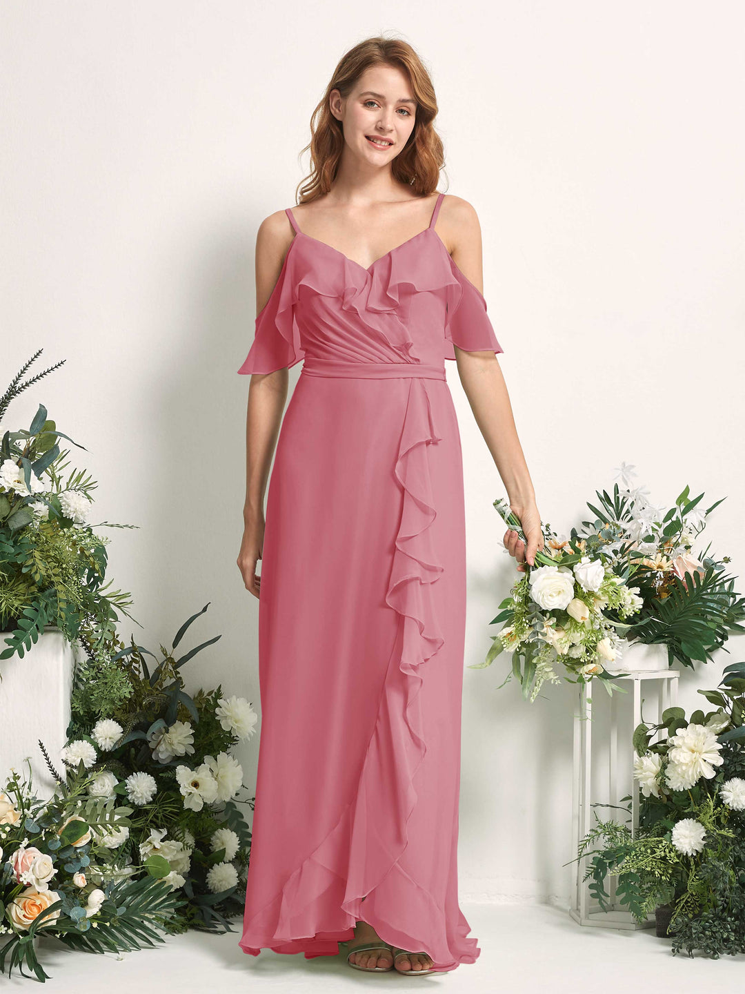 Carlyna A-Linien-Kleid Carmen-Ausschnitt Bodenlang Chiffon Brautjungfernkleider Wüstenrose 