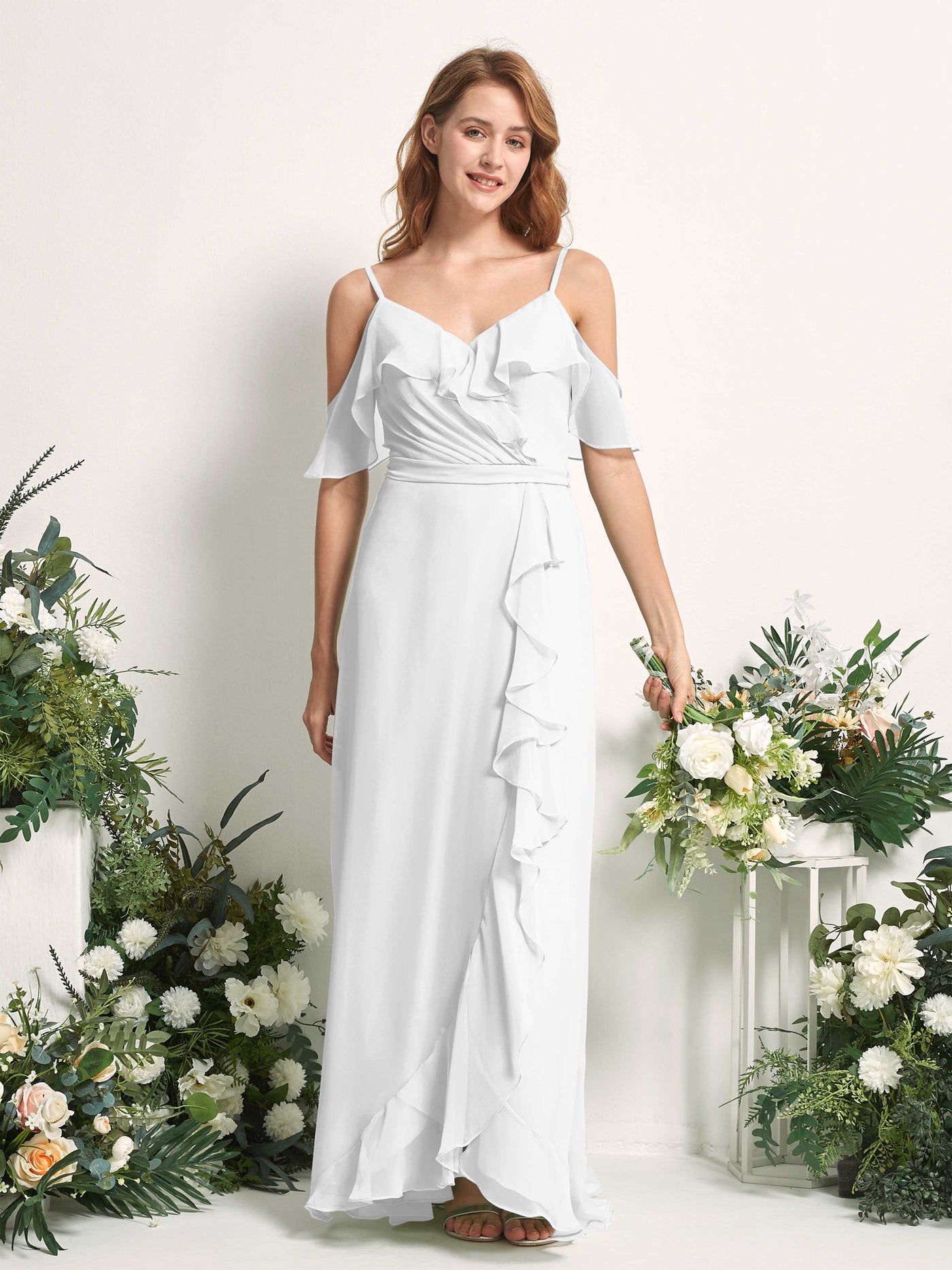 Carlyna A-Linien-Kleid Carmen-Ausschnitt Bodenlang Chiffon Brautjungfernkleider Weiß #farbe_wei