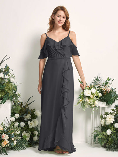 Carlyna A-Linien-Kleid Carmen-Ausschnitt Bodenlang Chiffon Brautjungfernkleider Zinnfarben #farbe_zinnfarben