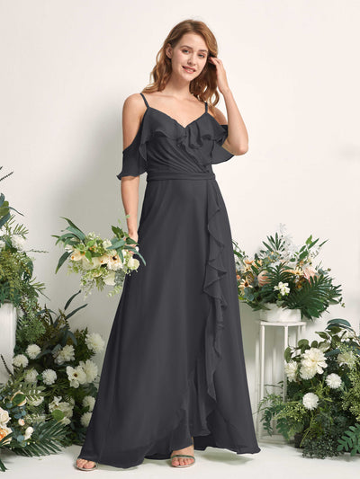 Carlyna A-Linien-Kleid Carmen-Ausschnitt Bodenlang Chiffon Brautjungfernkleider Zinnfarben #farbe_zinnfarben
