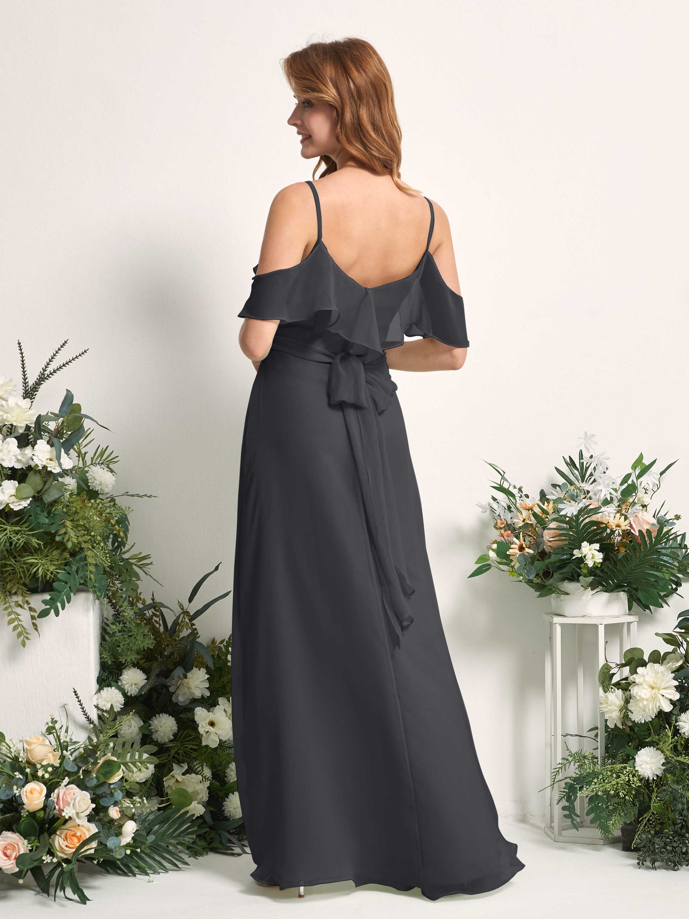 Carlyna A-Linien-Kleid Carmen-Ausschnitt Bodenlang Chiffon Brautjungfernkleider Zinnfarben #farbe_zinnfarben