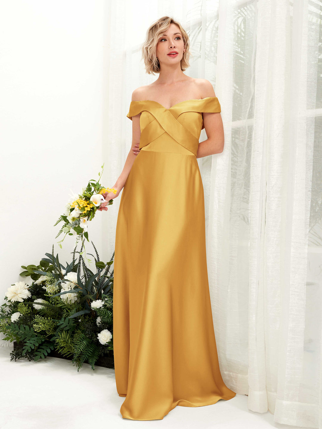 Carlyna A-Linien-Kleid Carmen Ausschnitt Bodenlang Satinkleid Kanariengelb 