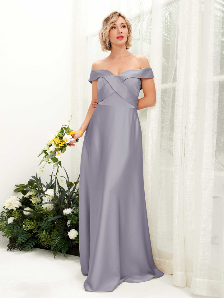 Carlyna A-Linien-Kleid Carmen Ausschnitt Bodenlang Satinkleid Lila Dunst 