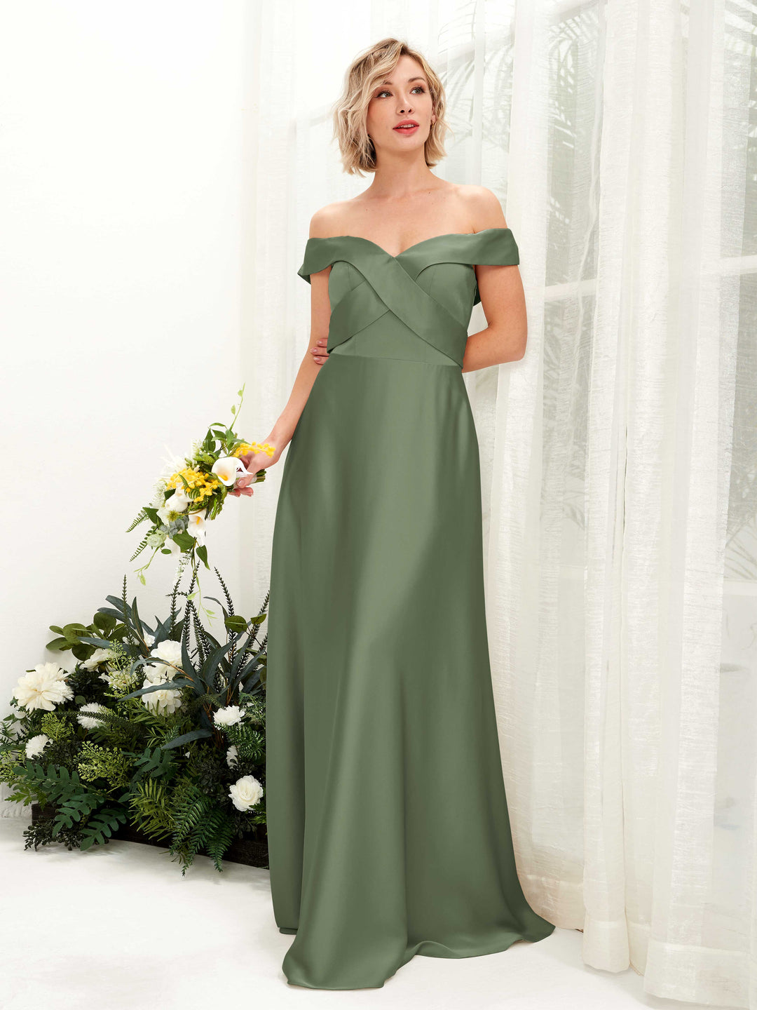 Carlyna A-Linien-Kleid Carmen Ausschnitt Bodenlang Satinkleid Olivgrün 