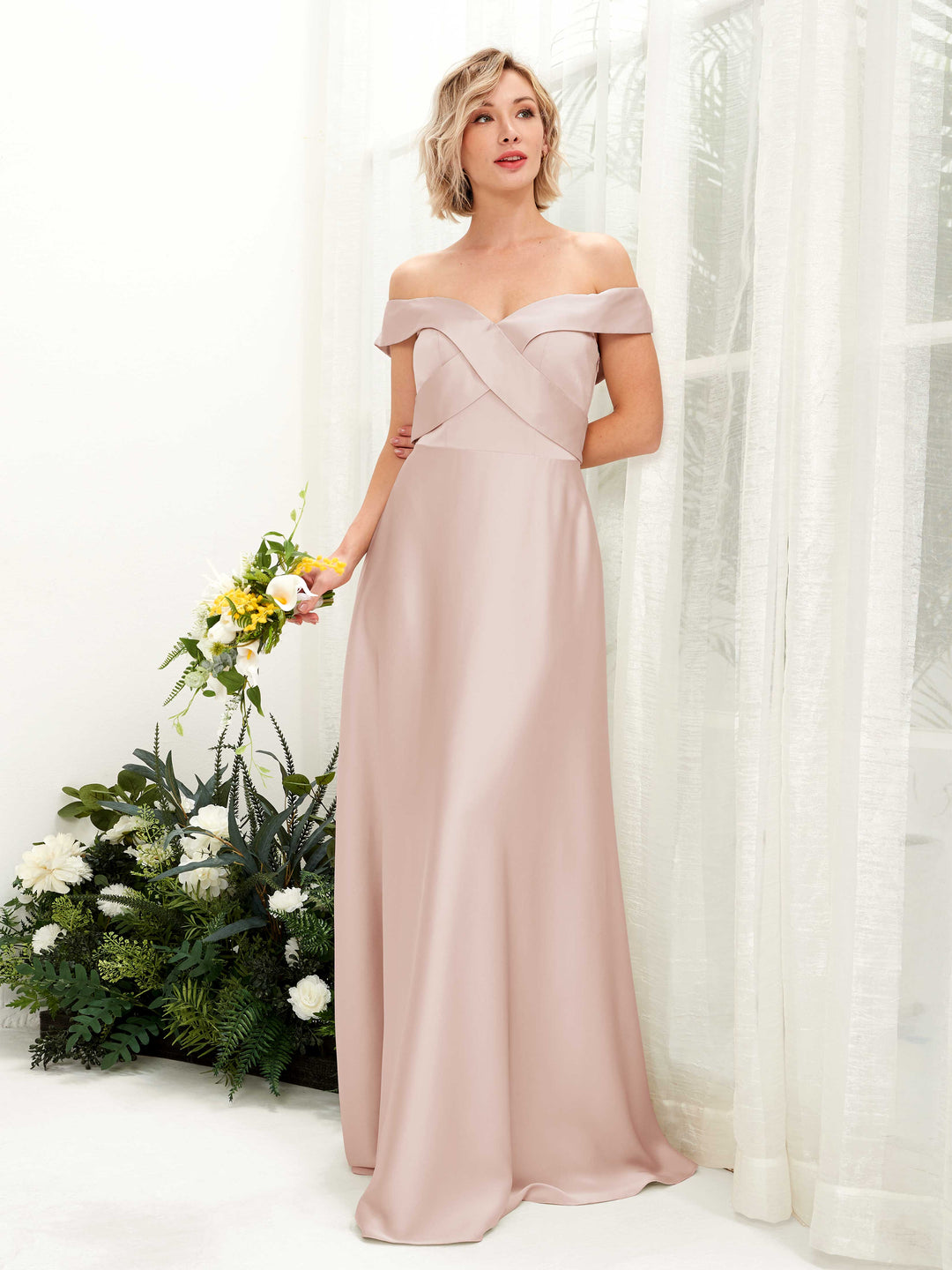 Carlyna A-Linien-Kleid Carmen Ausschnitt Bodenlang Satinkleid Perlrosa 