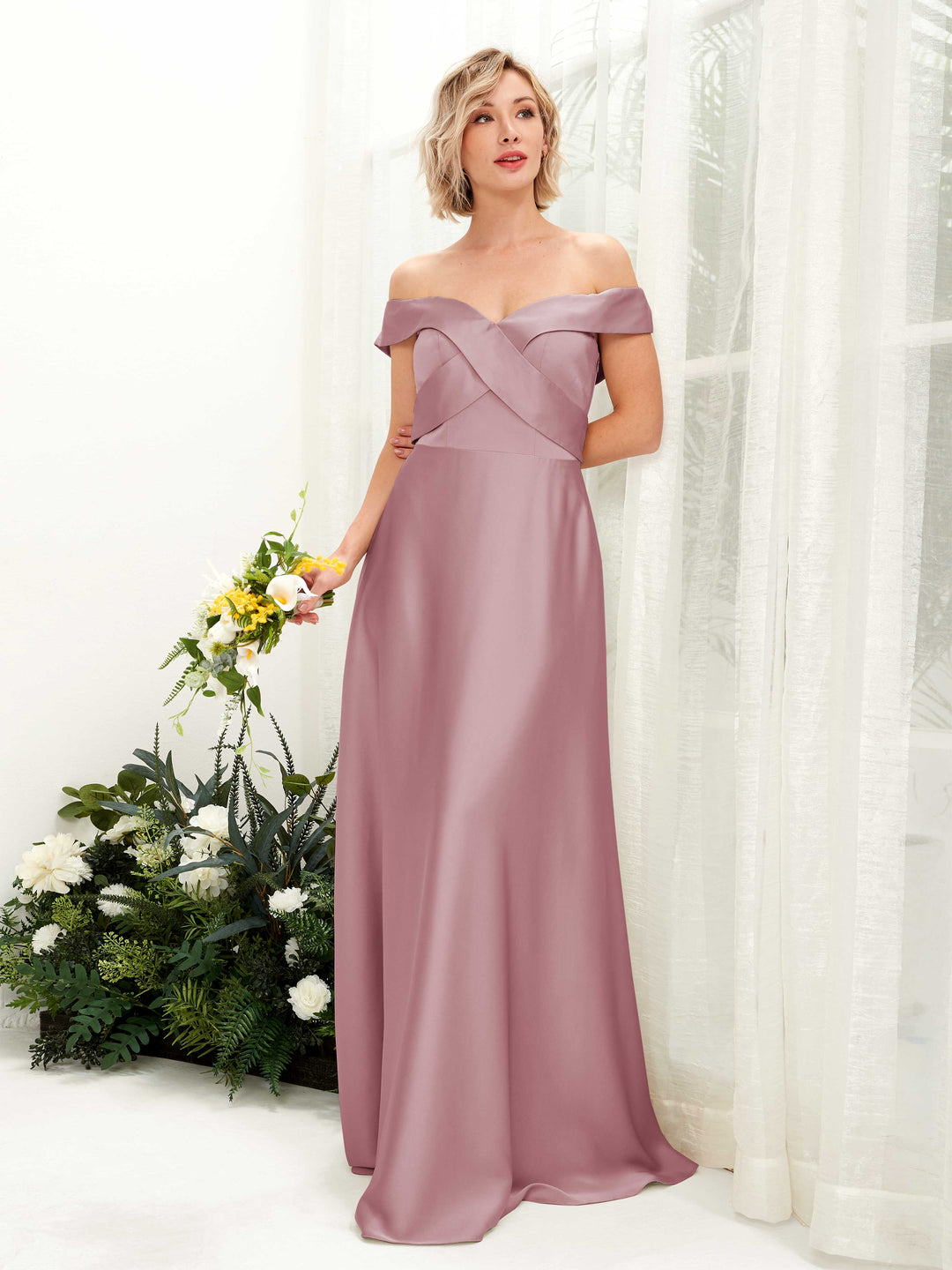 Carlyna A-Linien-Kleid Carmen Ausschnitt Bodenlang Satinkleid Rosenquarz 
