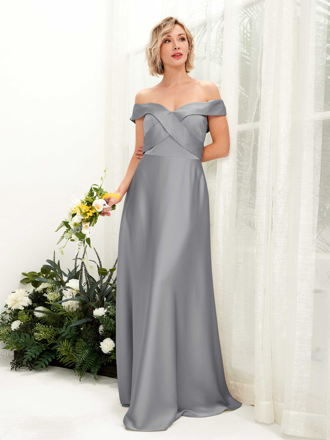 Carlyna A-Linien-Kleid Carmen Ausschnitt Bodenlang Satinkleid Stahlgrau 