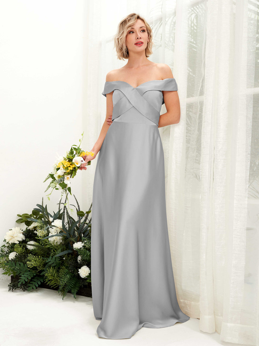 Carlyna A-Linien-Kleid Carmen Ausschnitt Bodenlang Satinkleid Taube 