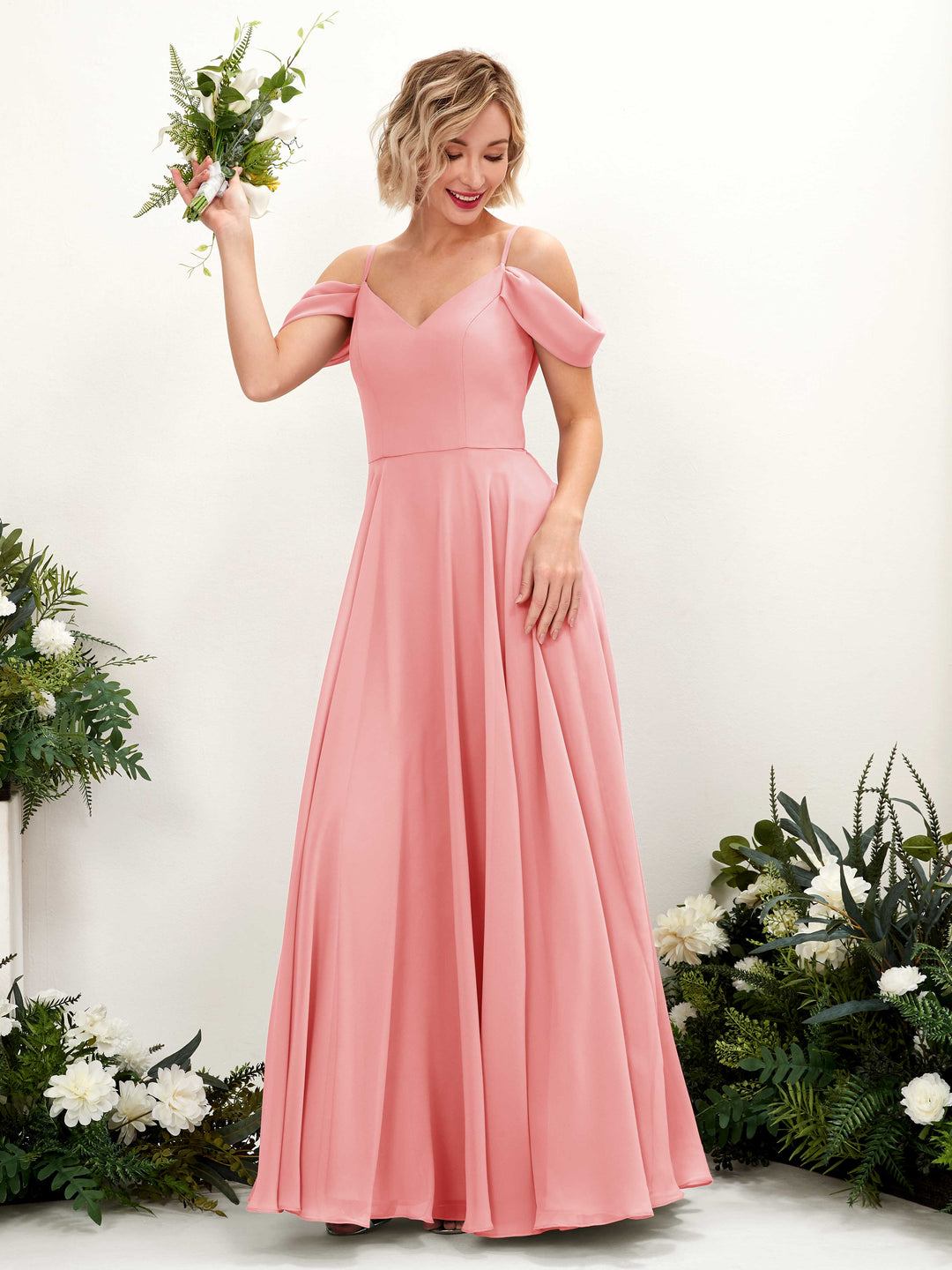 Carlyna A-Linien-Kleid Carmen Bodenlang Chiffon Brautjungfernkleid Ballettrosa 