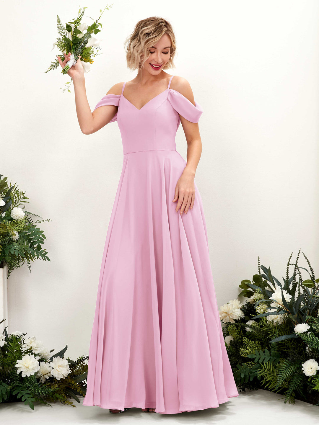Carlyna A-Linien-Kleid Carmen Bodenlang Chiffon Brautjungfernkleid Bonbonrosa 