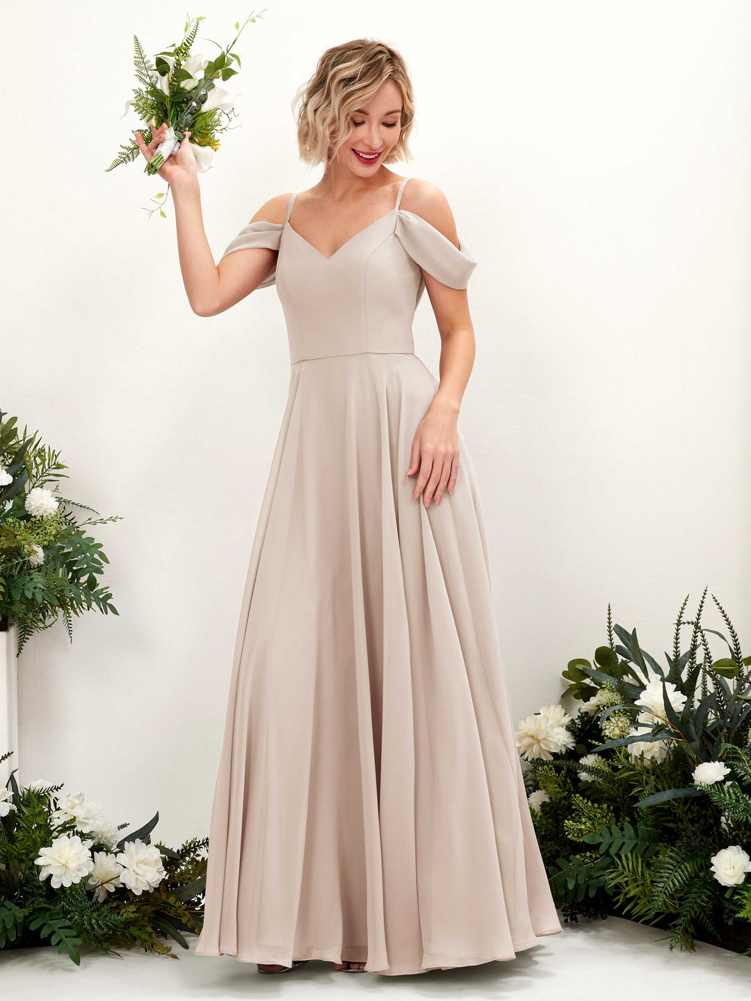 Carlyna A-Linien-Kleid Carmen Bodenlang Chiffon Brautjungfernkleid Champagner 