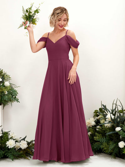 Carlyna A-Linien-Kleid Carmen Bodenlang Chiffon Brautjungfernkleid Chianti #farbe_chianti