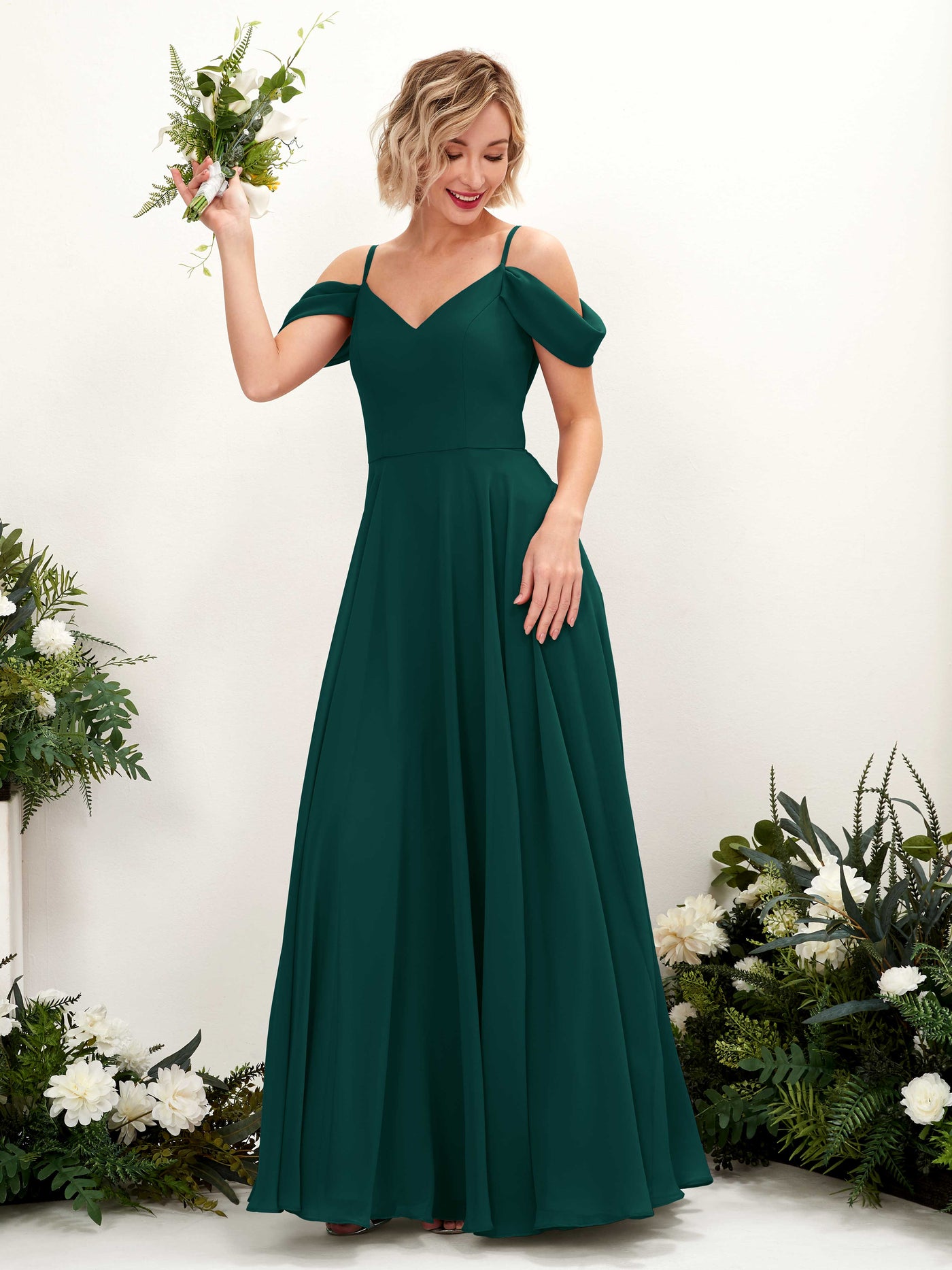 Carlyna A-Linien-Kleid Carmen Bodenlang Chiffon Brautjungfernkleid Dunkelsmaragd #farbe_dunkelsmaragd