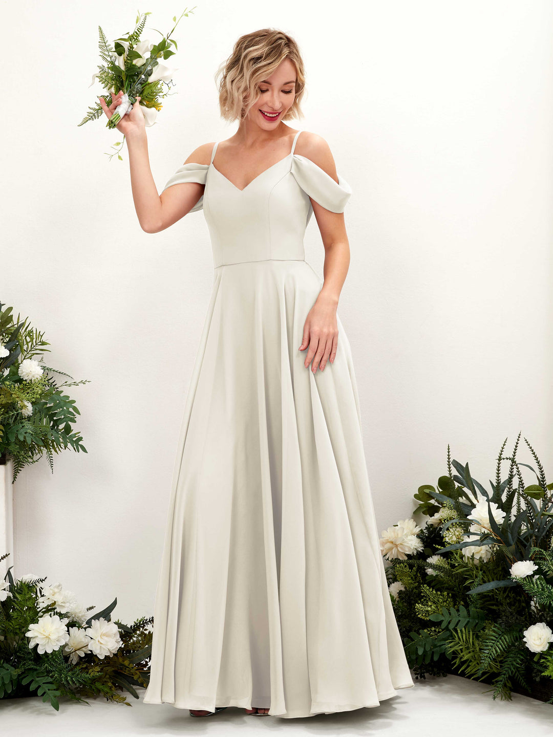 Carlyna A-Linien-Kleid Carmen Bodenlang Chiffon Brautjungfernkleid Elfenbein 