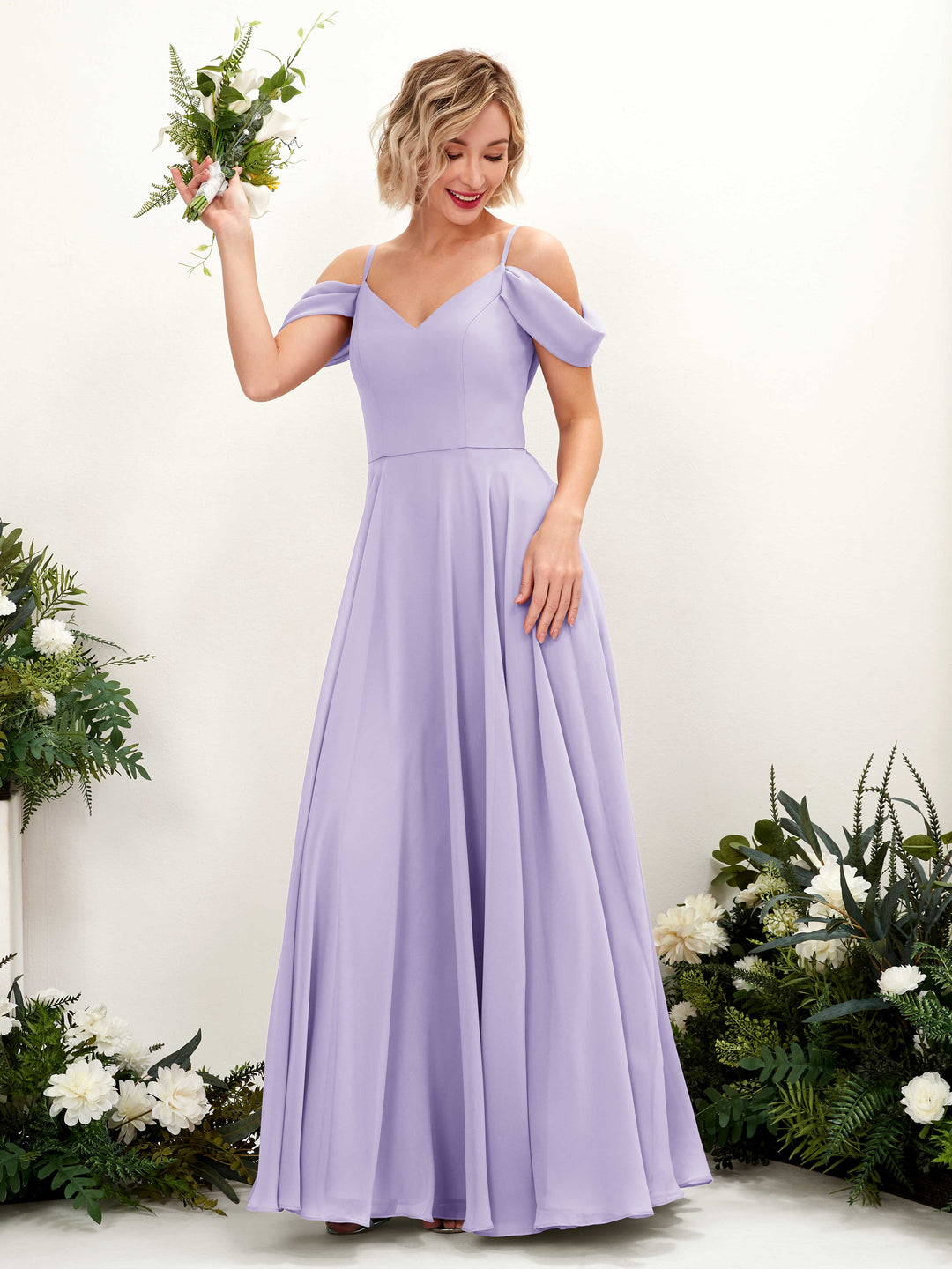 Carlyna A-Linien-Kleid Carmen Bodenlang Chiffon Brautjungfernkleid Flieder 