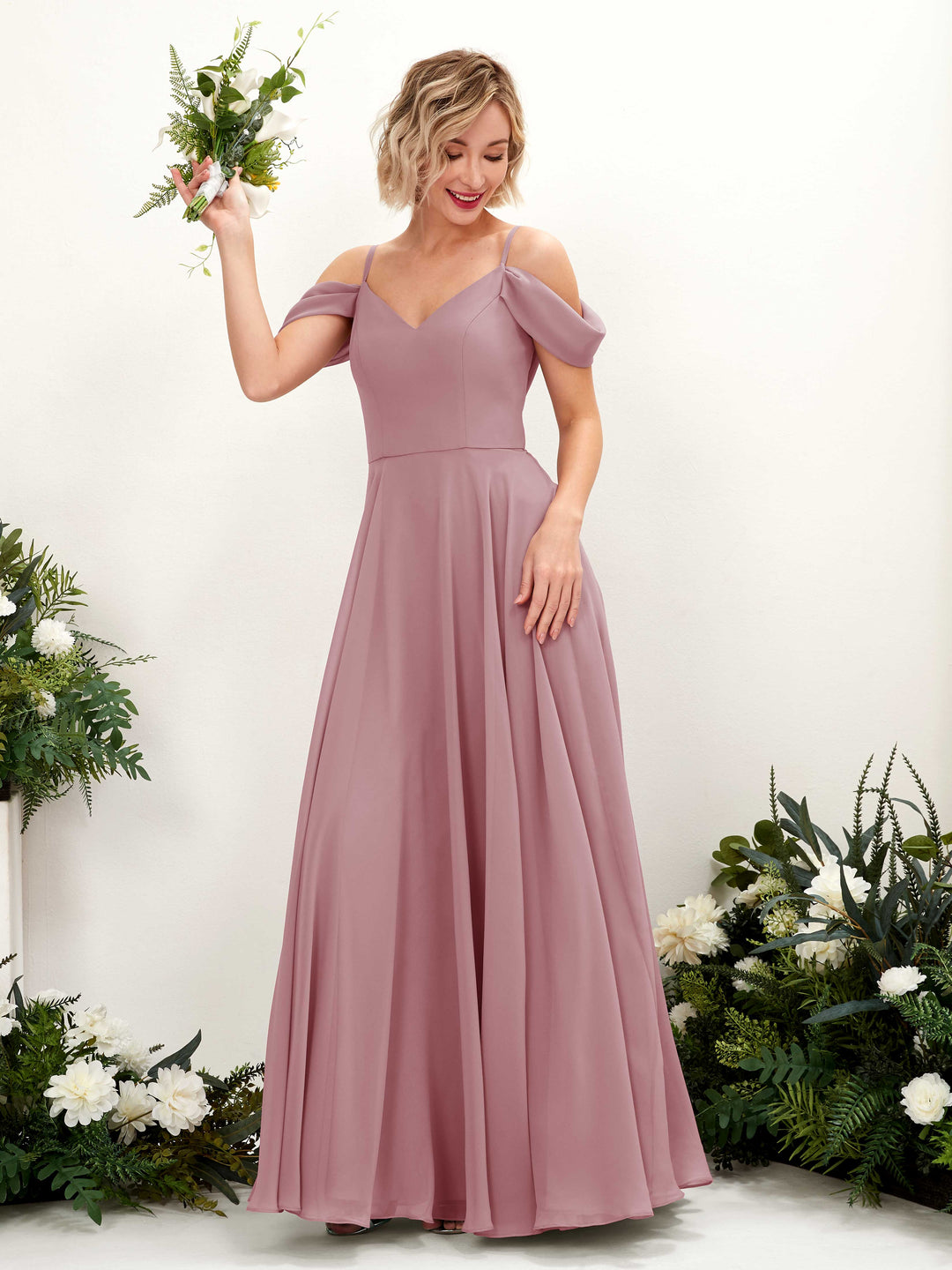 Carlyna A-Linien-Kleid Carmen Bodenlang Chiffon Brautjungfernkleid Klassisch Mauve 