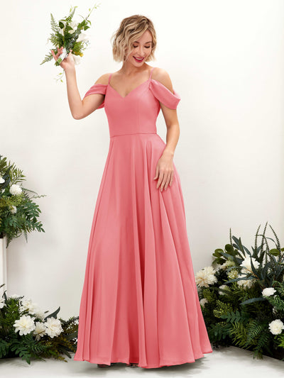 Carlyna A-Linien-Kleid Carmen Bodenlang Chiffon Brautjungfernkleid Korallenrosa #farbe_korallenrosa