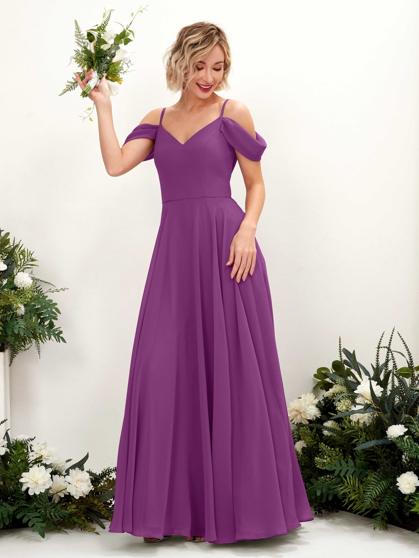 Carlyna A-Linien-Kleid Carmen Bodenlang Chiffon Brautjungfernkleid Lila #farbe_lila