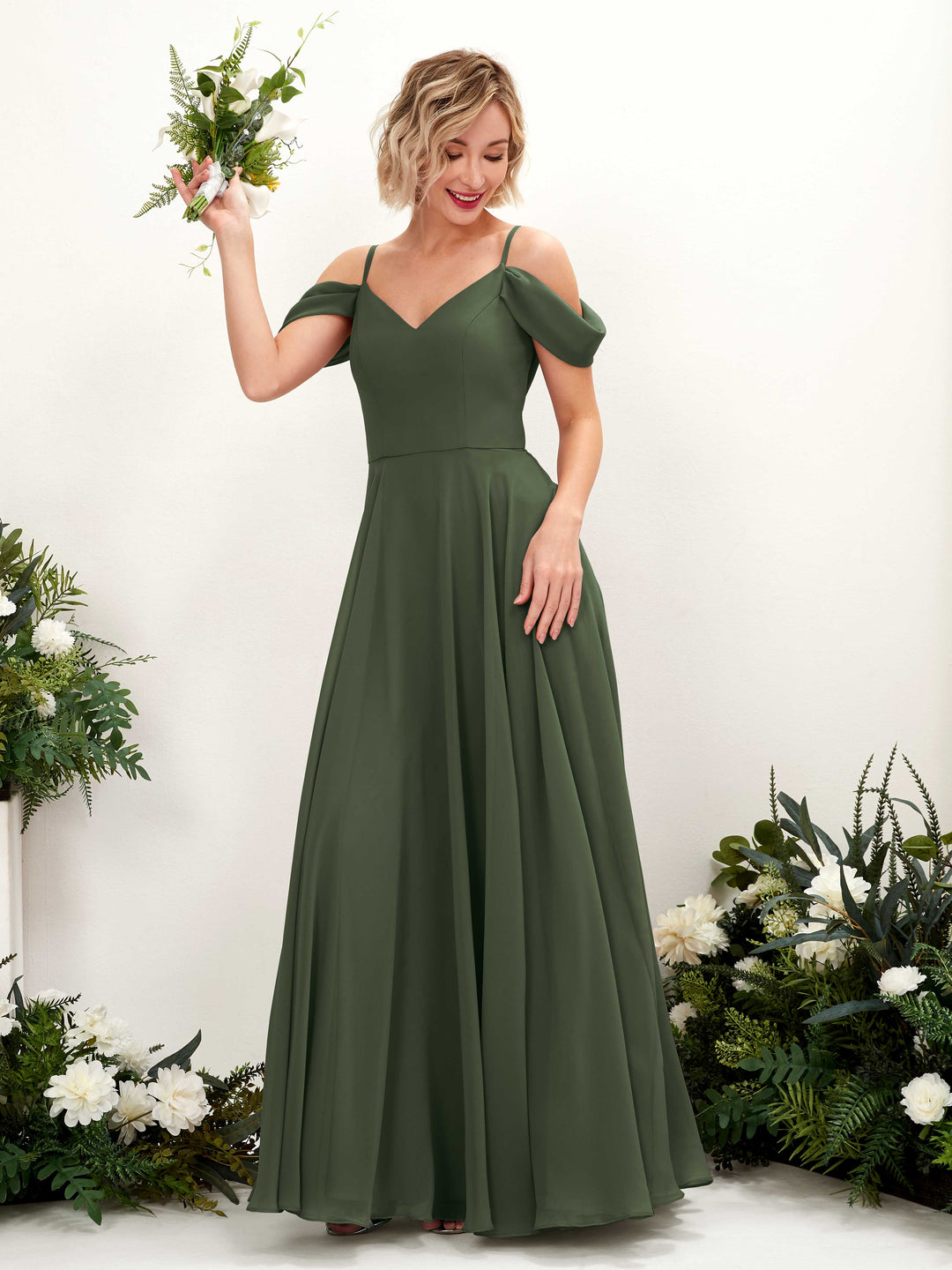 Carlyna A-Linien-Kleid Carmen Bodenlang Chiffon Brautjungfernkleid Martini-Olive 