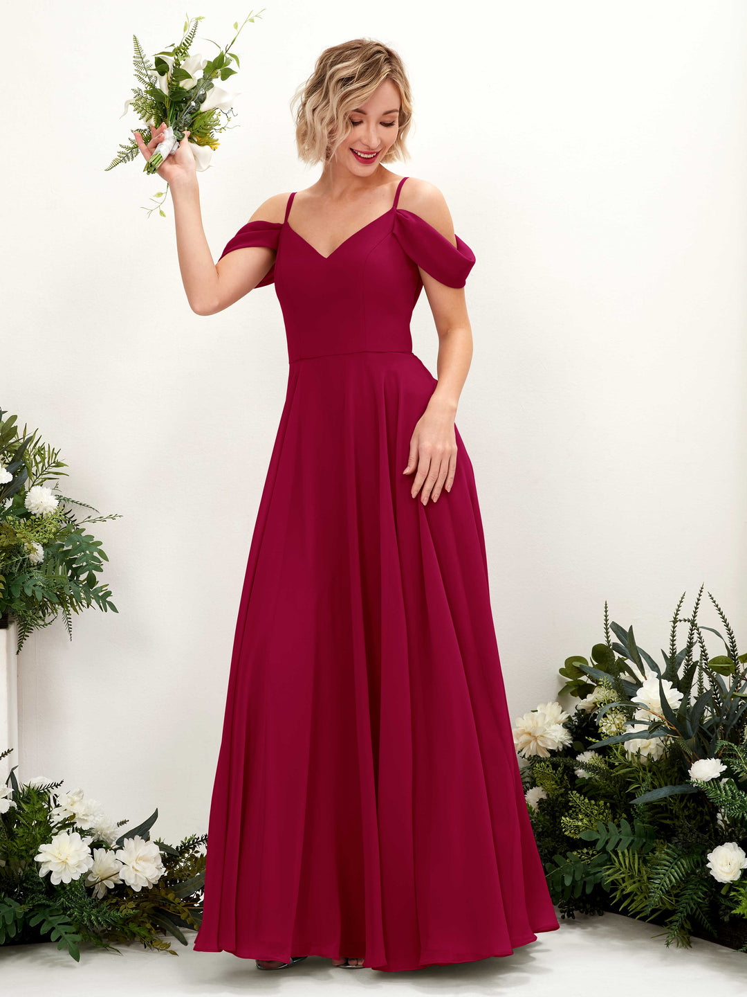 Carlyna A-Linien-Kleid Carmen Bodenlang Chiffon Brautjungfernkleid Narrenrot 