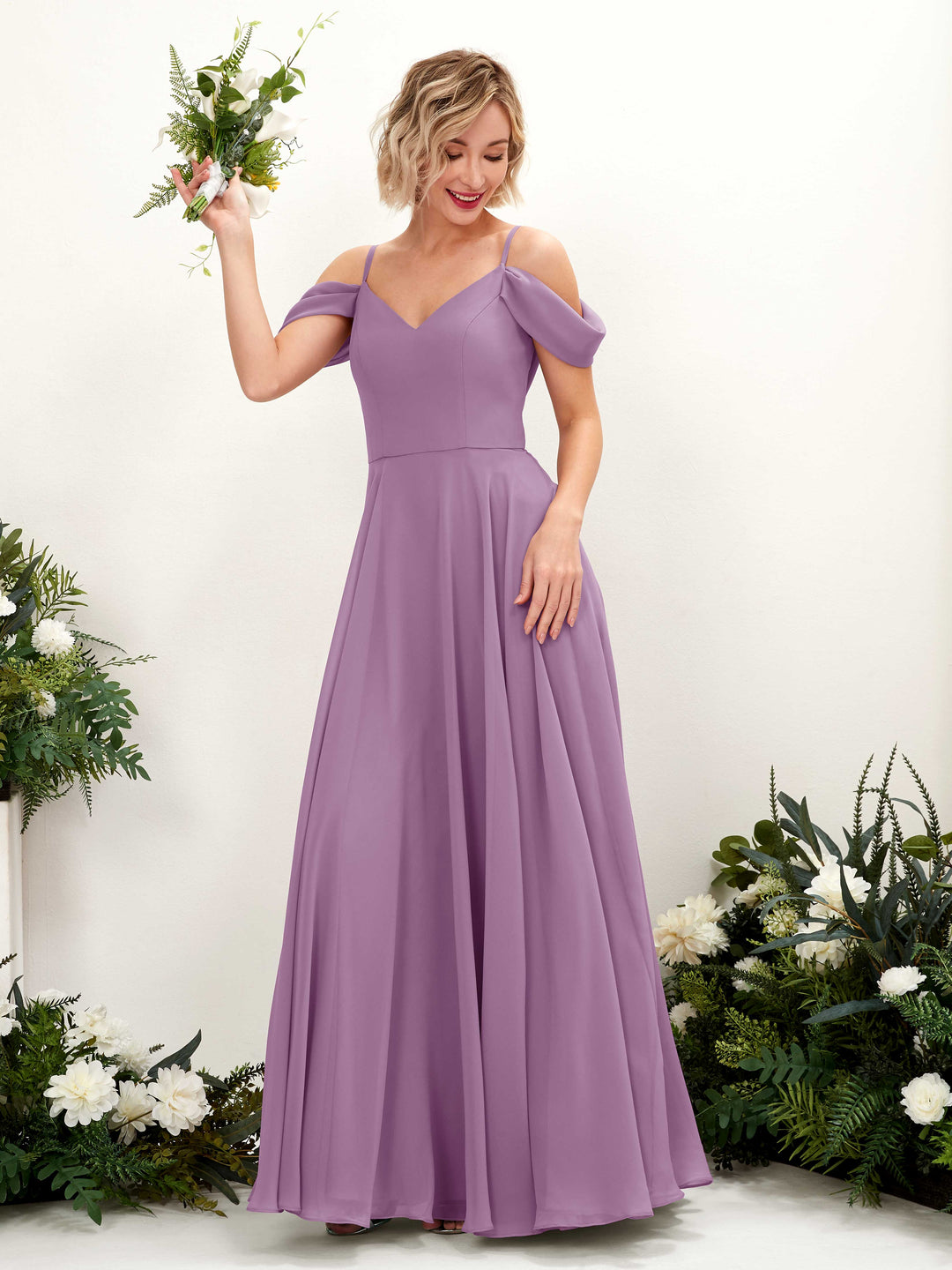 Carlyna A-Linien-Kleid Carmen Bodenlang Chiffon Brautjungfernkleid Orchideen-Nebel 