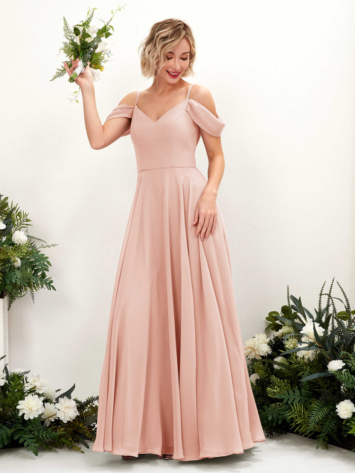 Carlyna A-Linien-Kleid Carmen Bodenlang Chiffon Brautjungfernkleid Perlrosa 