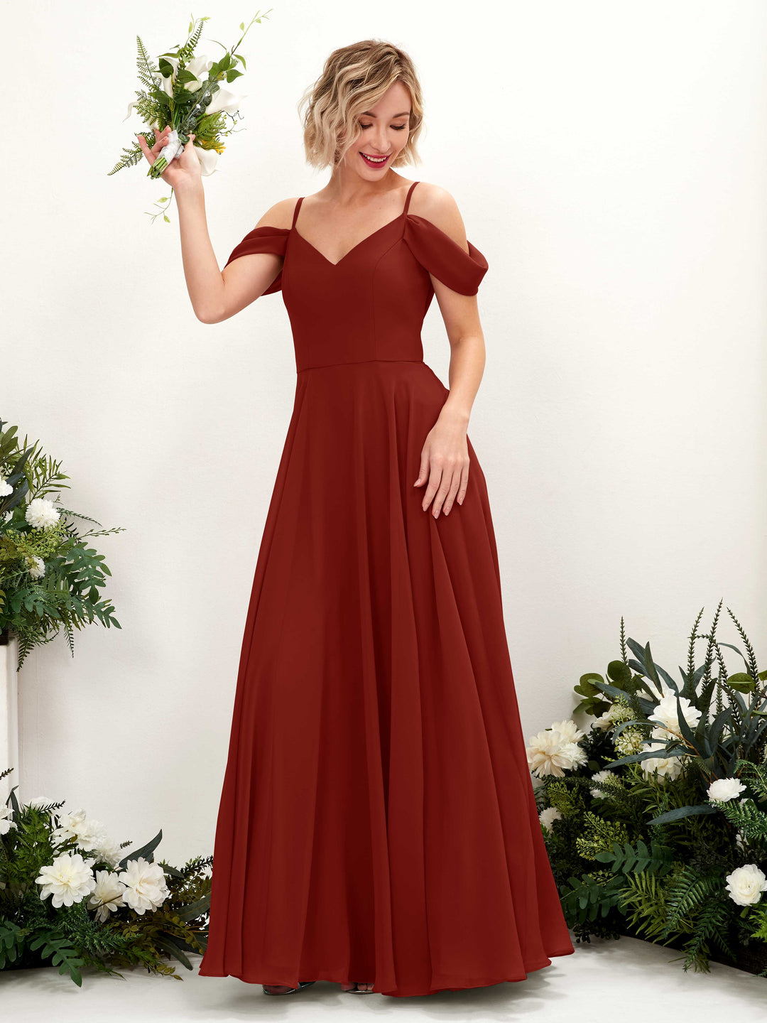 Carlyna A-Linien-Kleid Carmen Bodenlang Chiffon Brautjungfernkleid Rostrot 