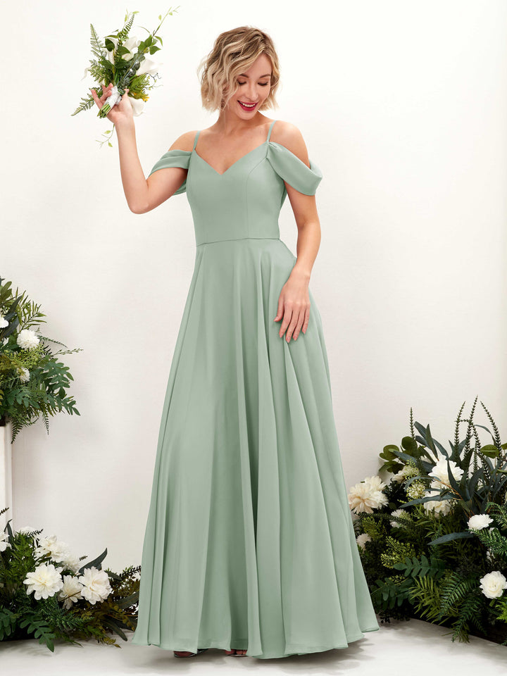 Carlyna A-Linien-Kleid Carmen Bodenlang Chiffon Brautjungfernkleid Salbeigrün 