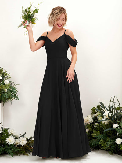 Carlyna A-Linien-Kleid Carmen Bodenlang Chiffon Brautjungfernkleid Schwarz #farbe_schwarz