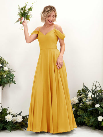 Carlyna A-Linien-Kleid Carmen Bodenlang Chiffon Brautjungfernkleid Senfgelb #farbe_senfgelb