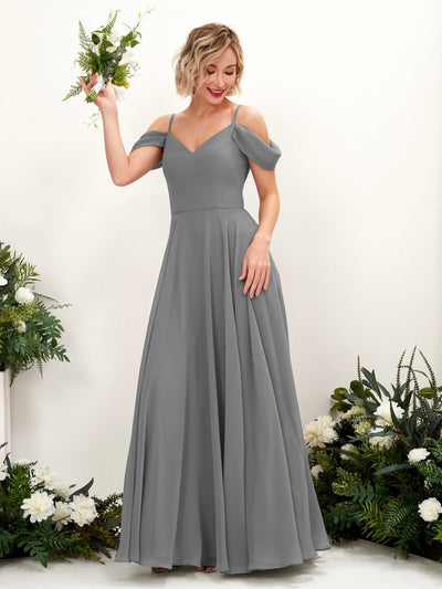 Carlyna A-Linien-Kleid Carmen Bodenlang Chiffon Brautjungfernkleid Stahlgrau #farbe_stahlgrau