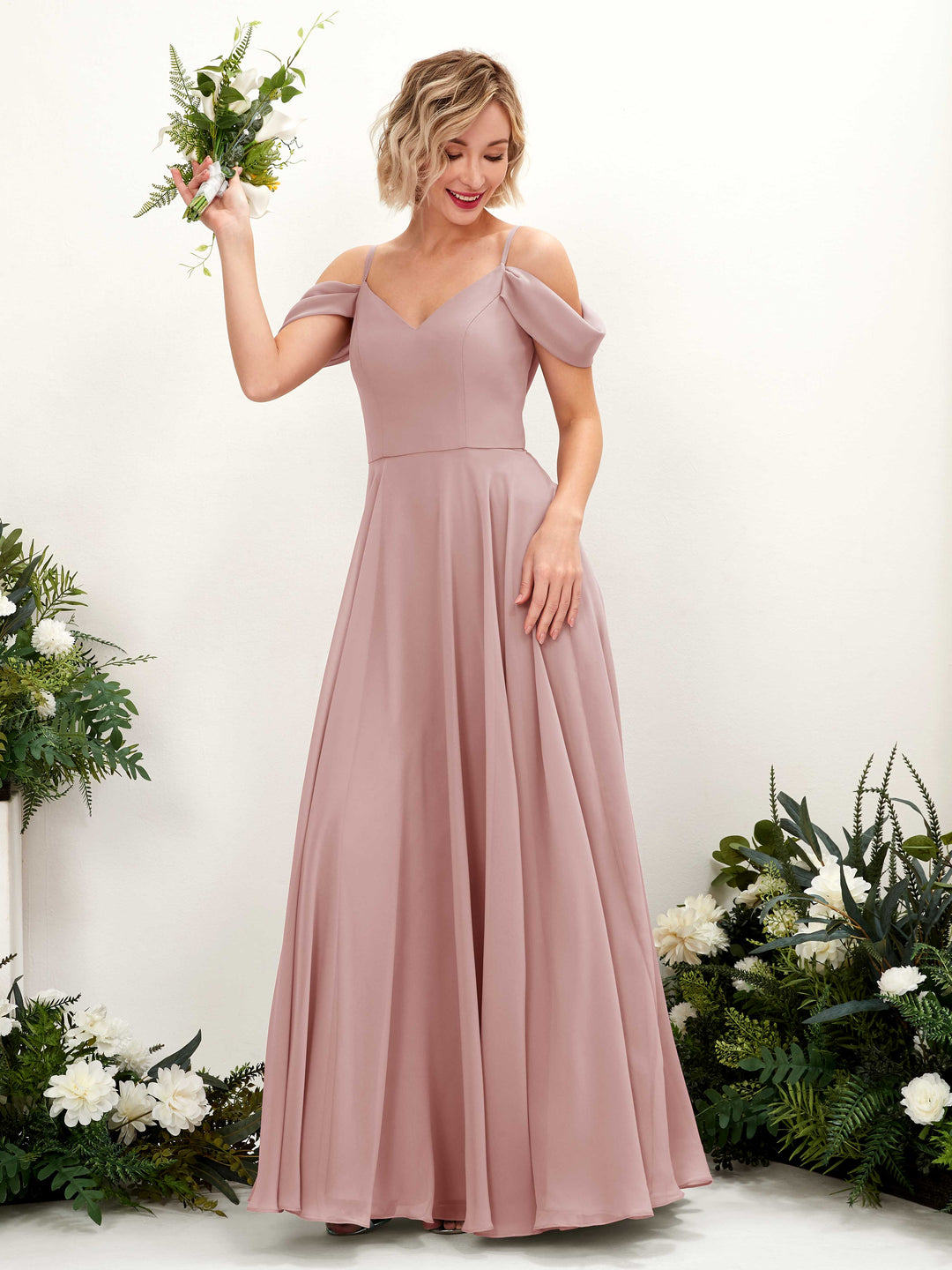 Carlyna A-Linien-Kleid Carmen Bodenlang Chiffon Brautjungfernkleid Staubige Rose 