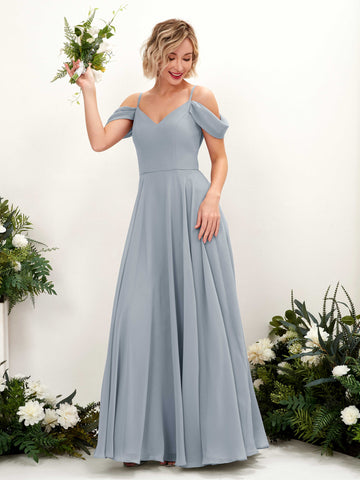 Carlyna A-Linien-Kleid Carmen Bodenlang Chiffon Brautjungfernkleid Staubiges Blau-Upgrade #farbe_staubiges-blau-upgrade