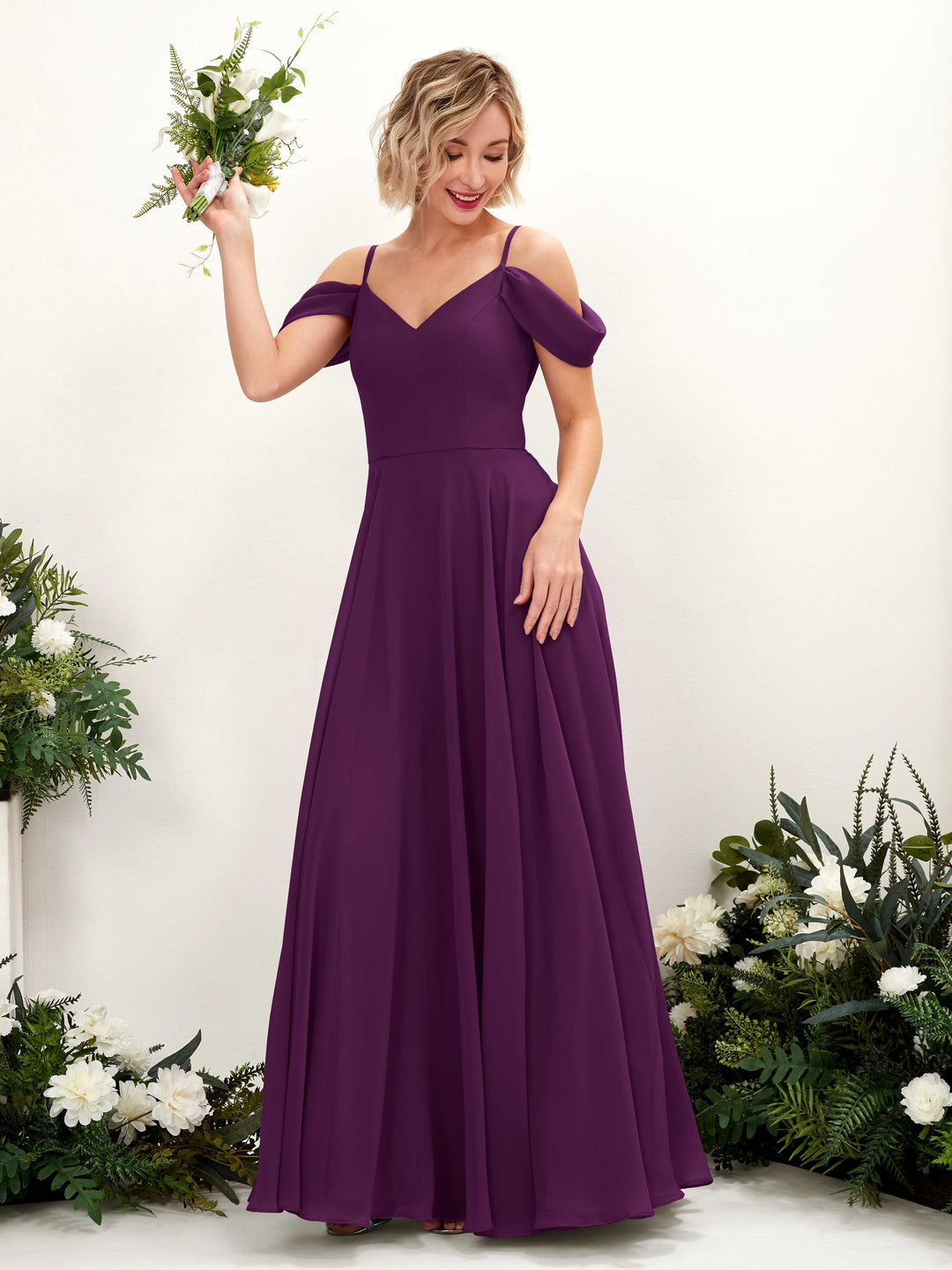Carlyna A-Linien-Kleid Carmen Bodenlang Chiffon Brautjungfernkleid Traube 